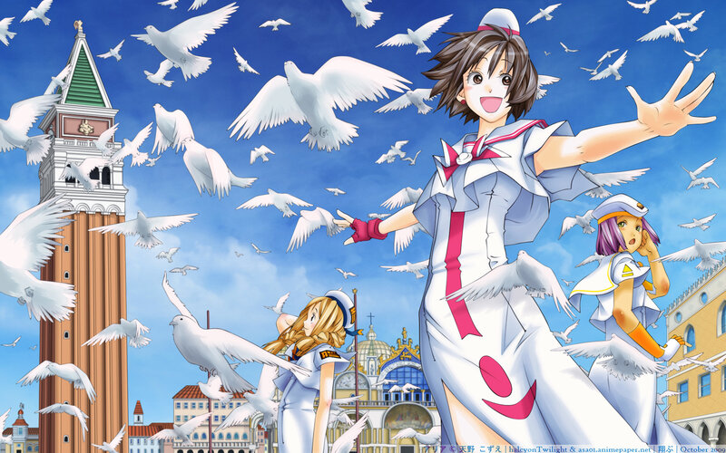 Anime girls with doves in Venice