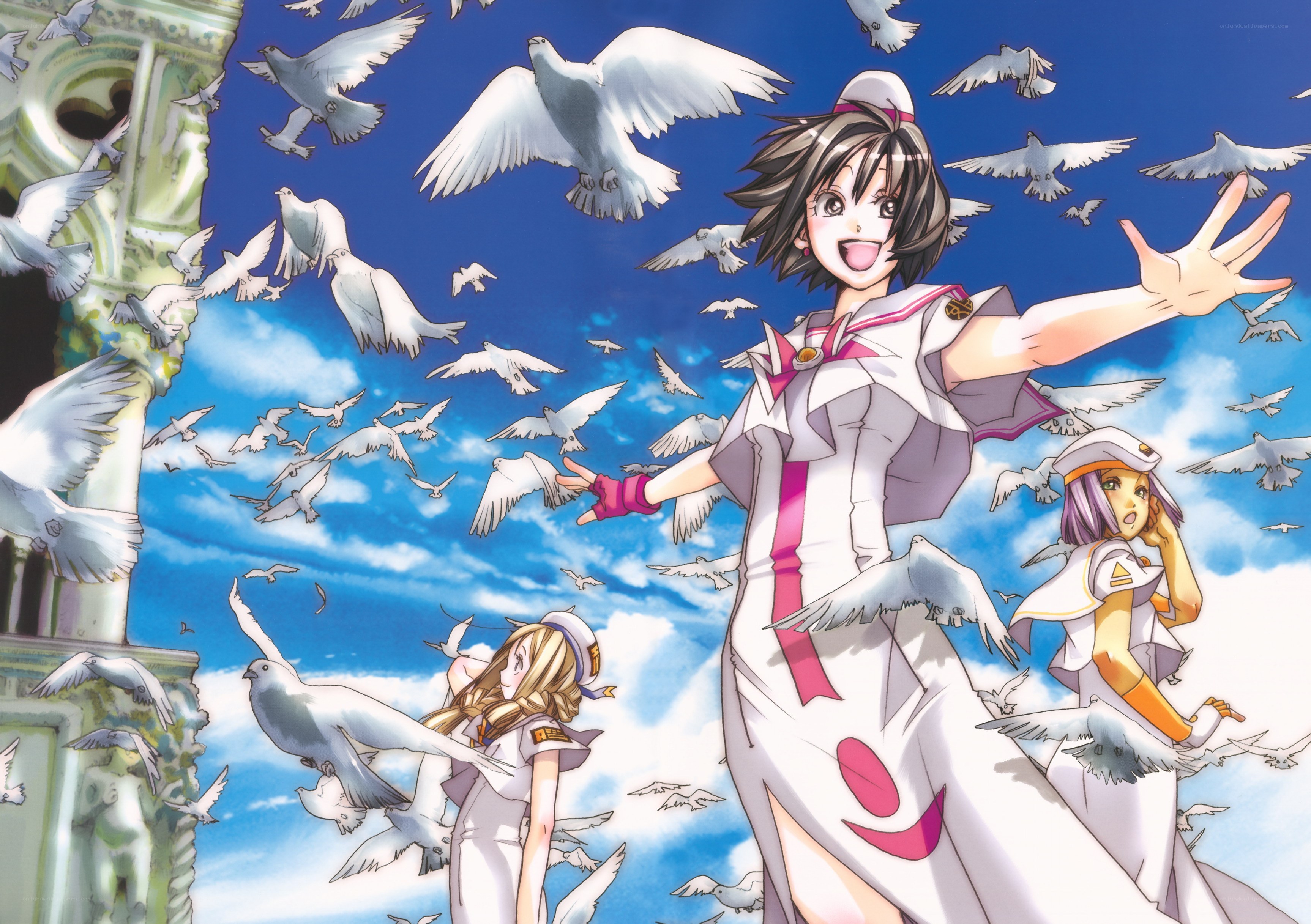 Anime girls with doves