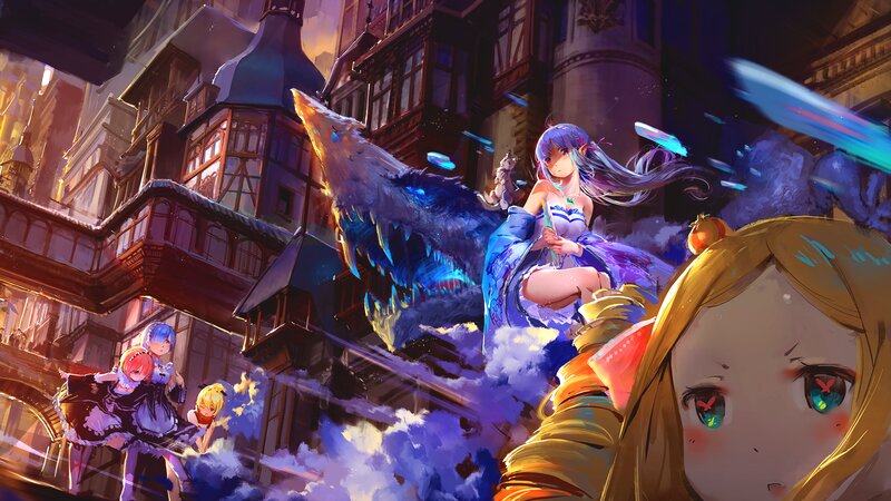 Anime Girls with Dragon — Blue, Dramatic