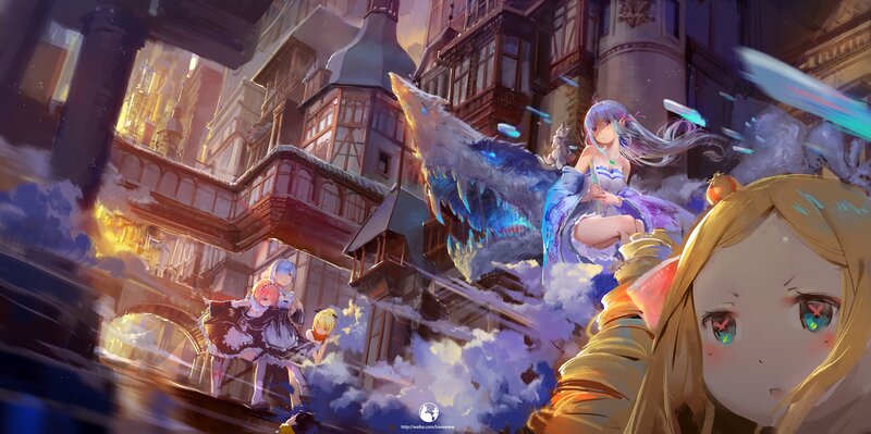 Anime Girls with Dragon — Blue