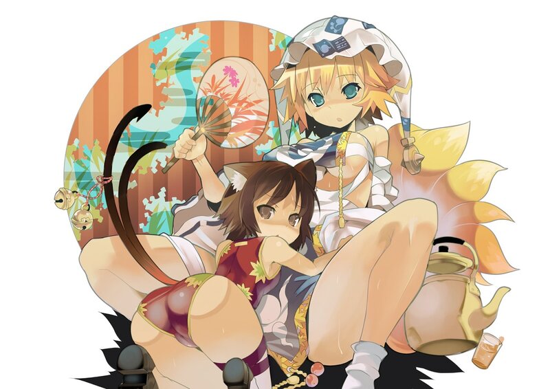 Anime girls with fans and tea