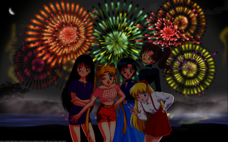 Anime Girls with Fireworks — Black