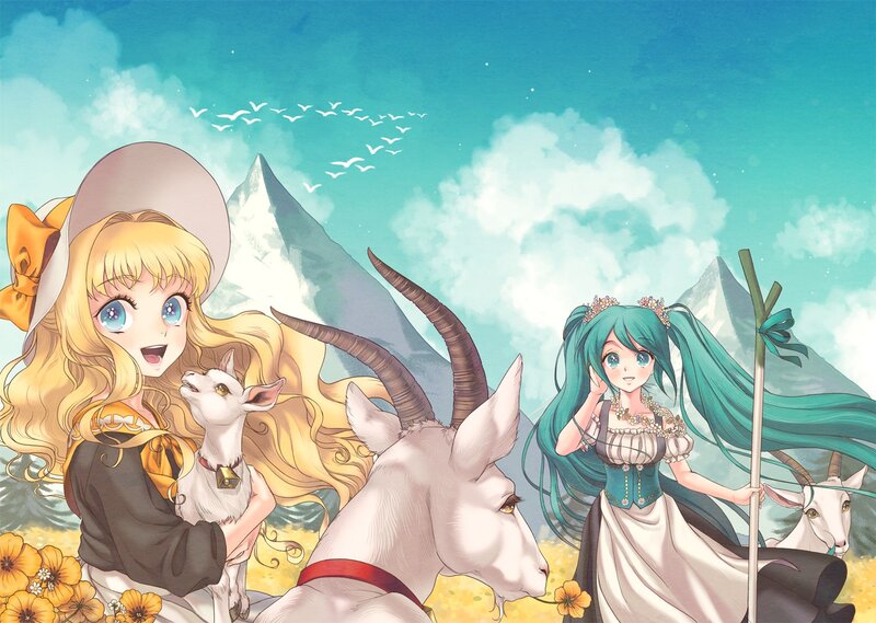 Anime girls with goats in mountains