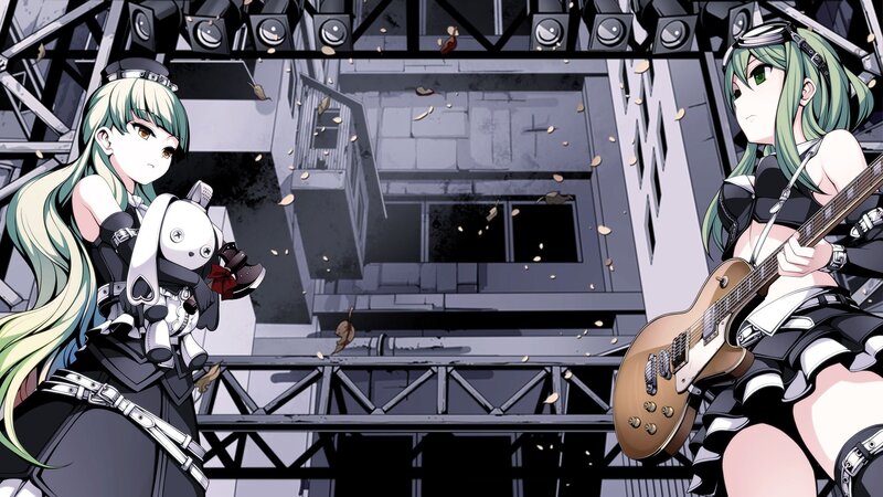 Anime girls with guitar and doll