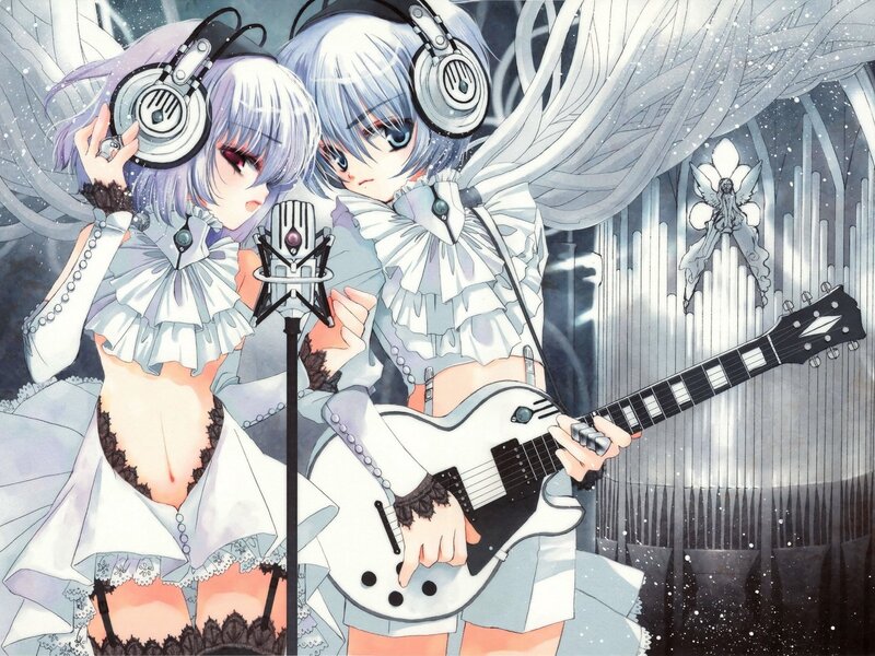 Anime girls with guitar and microphone