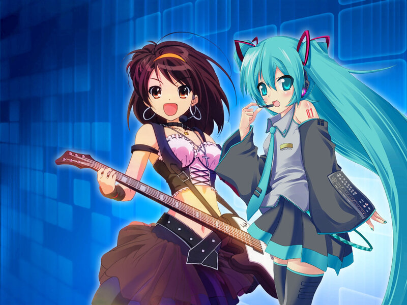 anime girls with guitar and microphone
