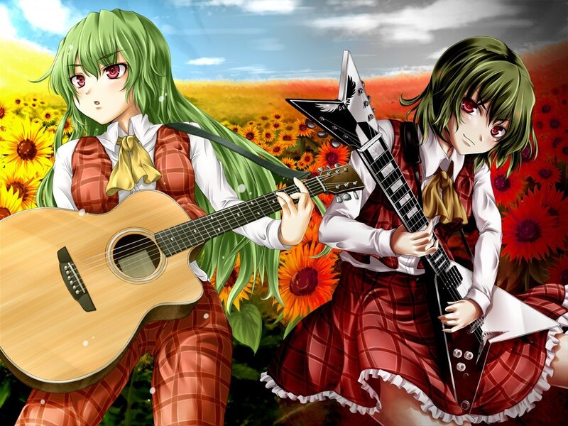 Anime girls with guitars in a field