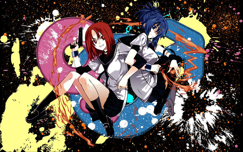 Anime girls with guns in splatter art
