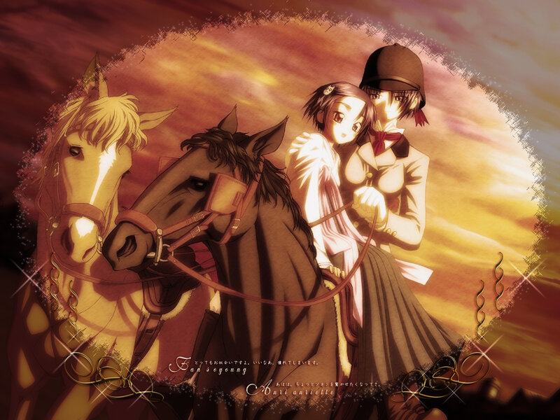 anime girls with horses at sunset
