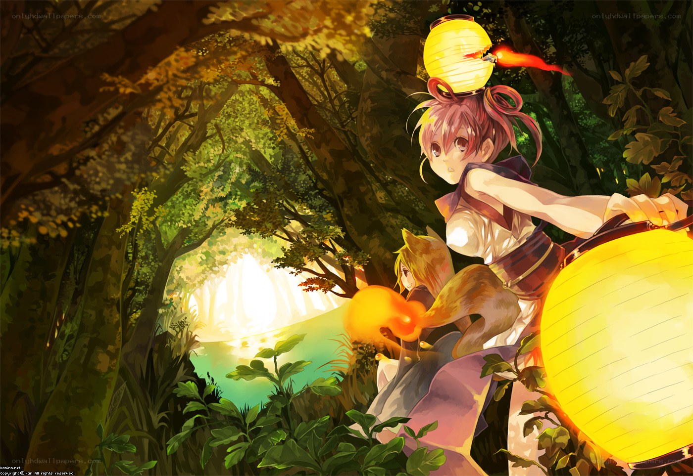 Anime girls with lanterns in forest