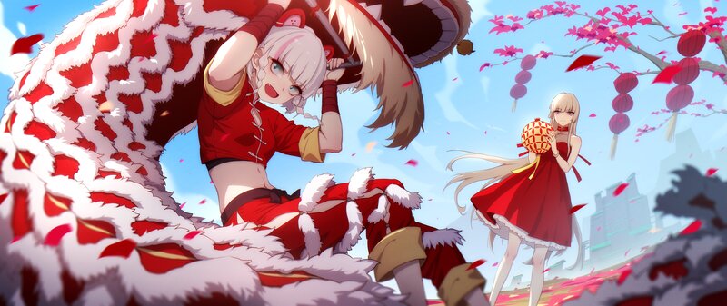 Anime Girls with Lion Dance — Red