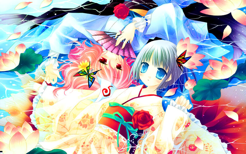 Anime girls with lotus flowers