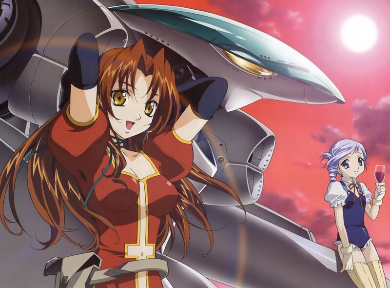 Anime girls with mecha and wine
