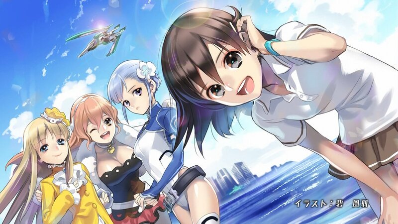 anime girls with mecha in sky