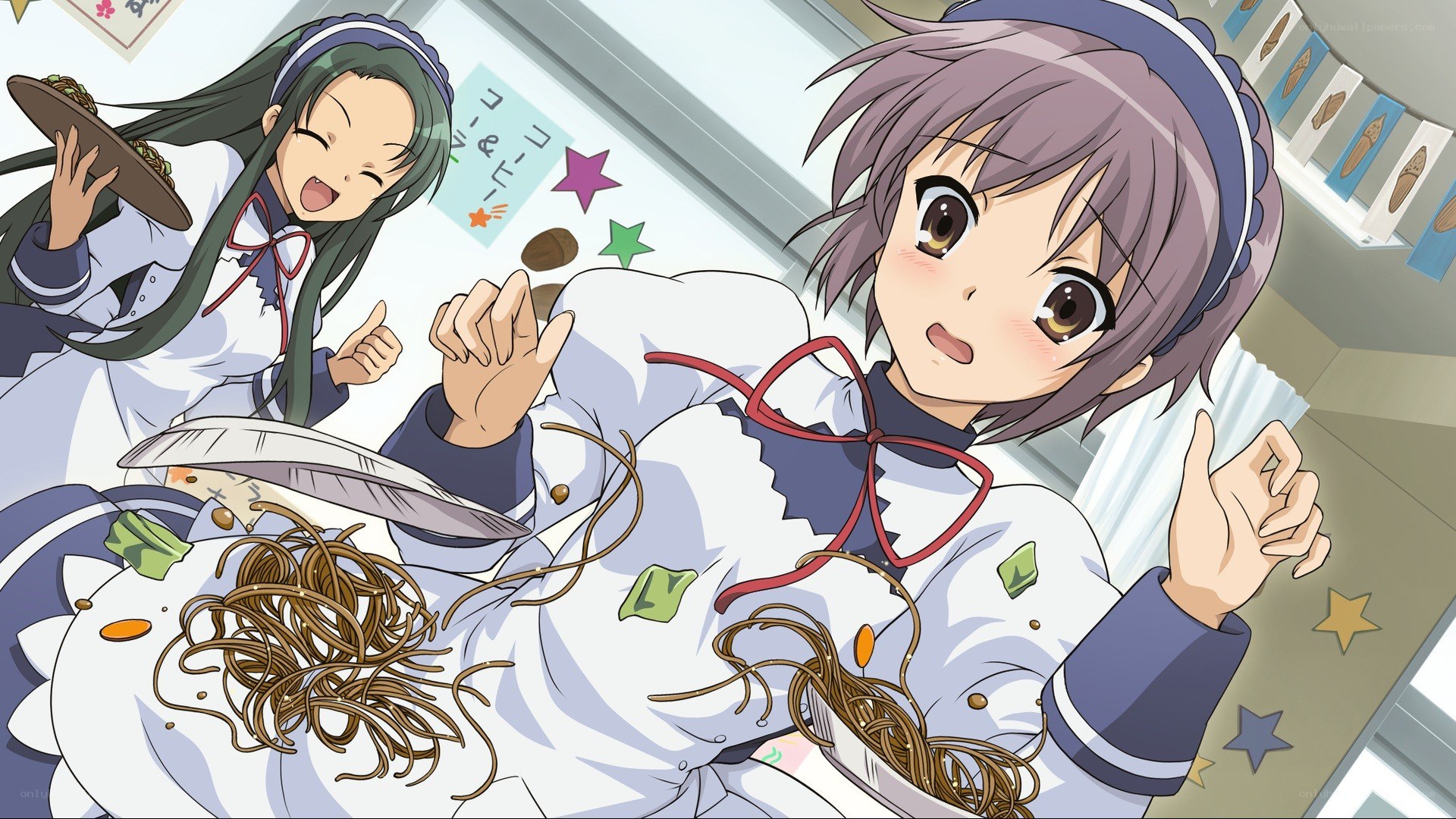 Anime girls with noodles