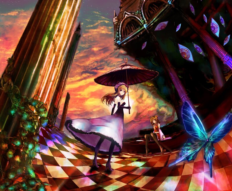 Anime girls with parasol at sunset