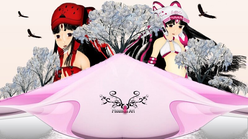 anime girls with pink fabric