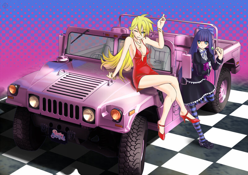 Anime girls with pink jeep