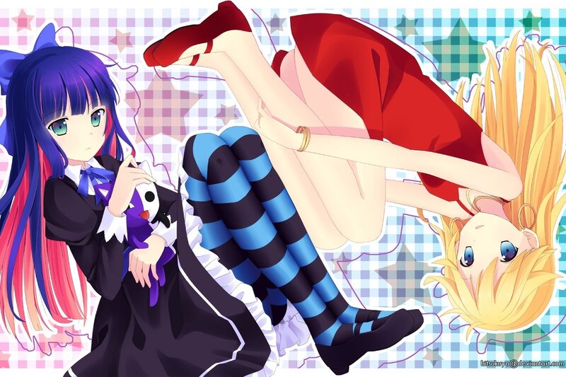 Anime girls with plush and striped socks