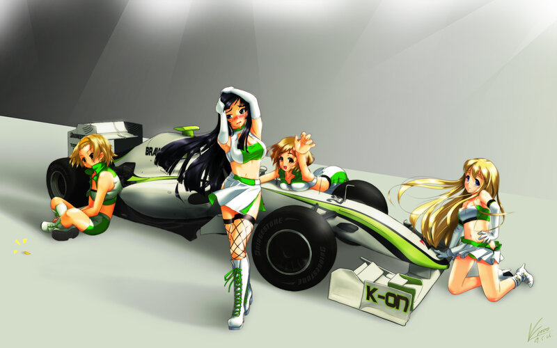 Anime Girls with Race Car — White