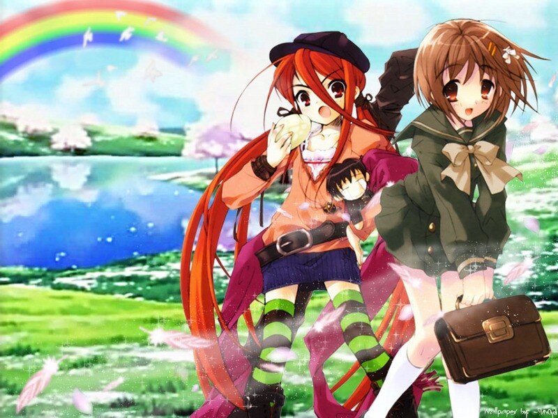 Anime girls with rainbow background