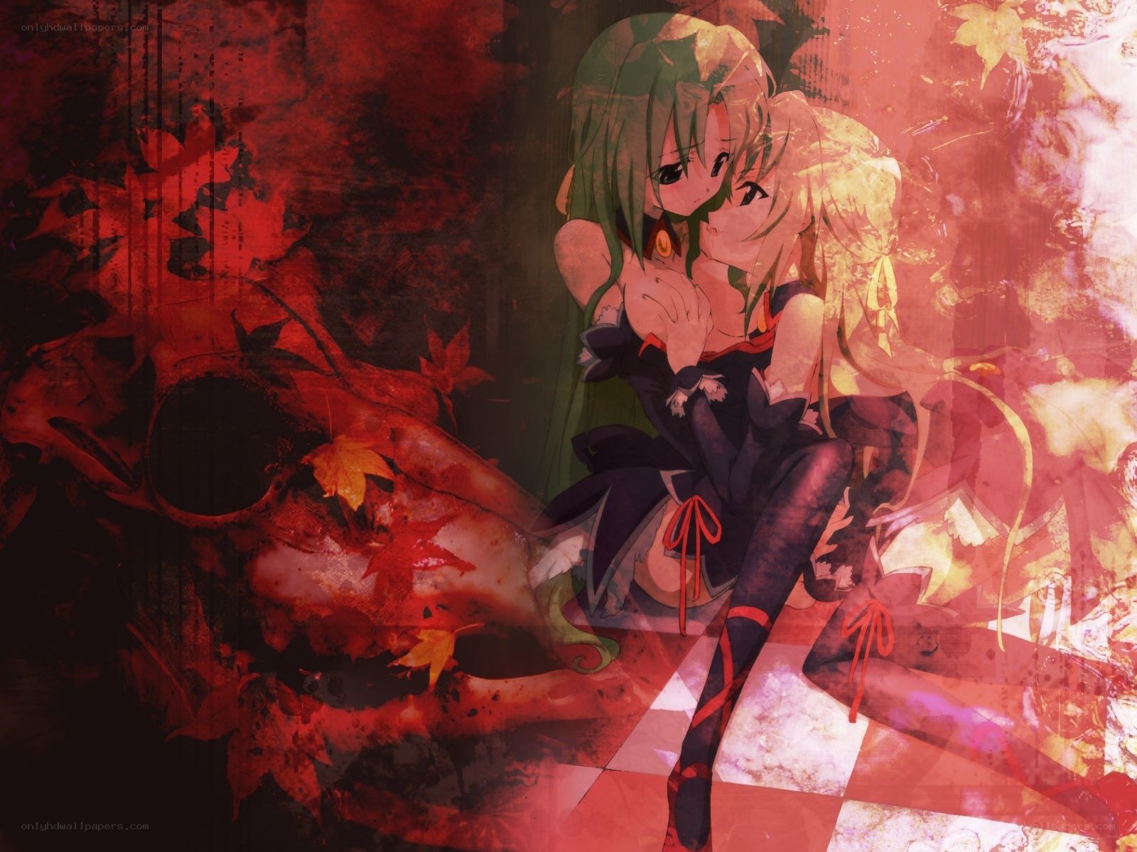 anime girls with red leaves