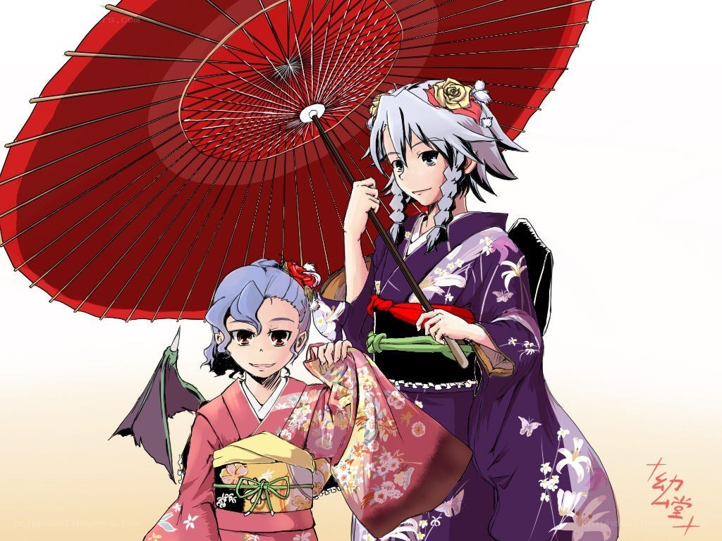 Anime girls with red umbrella