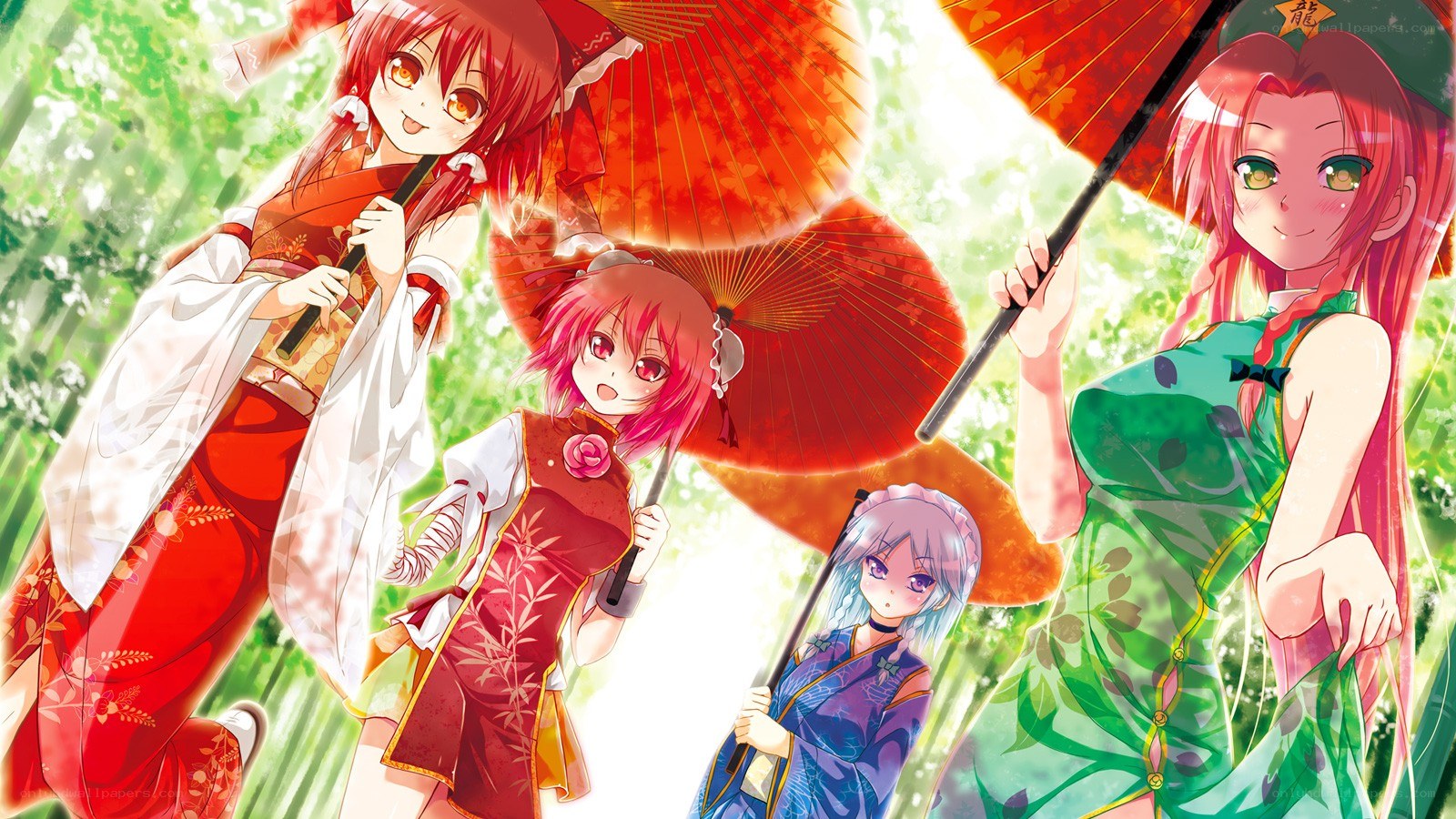 anime girls with red umbrellas