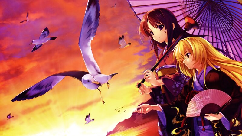 Anime girls with seagulls at sunset