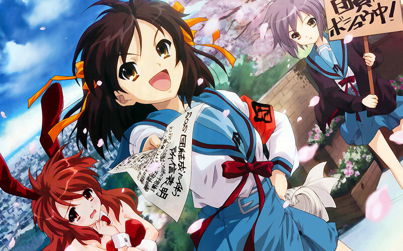Anime girls with signs and cherry blossoms