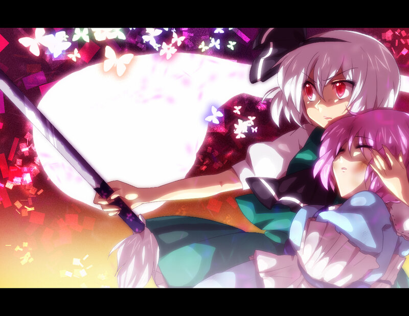Anime girls with sword and butterflies