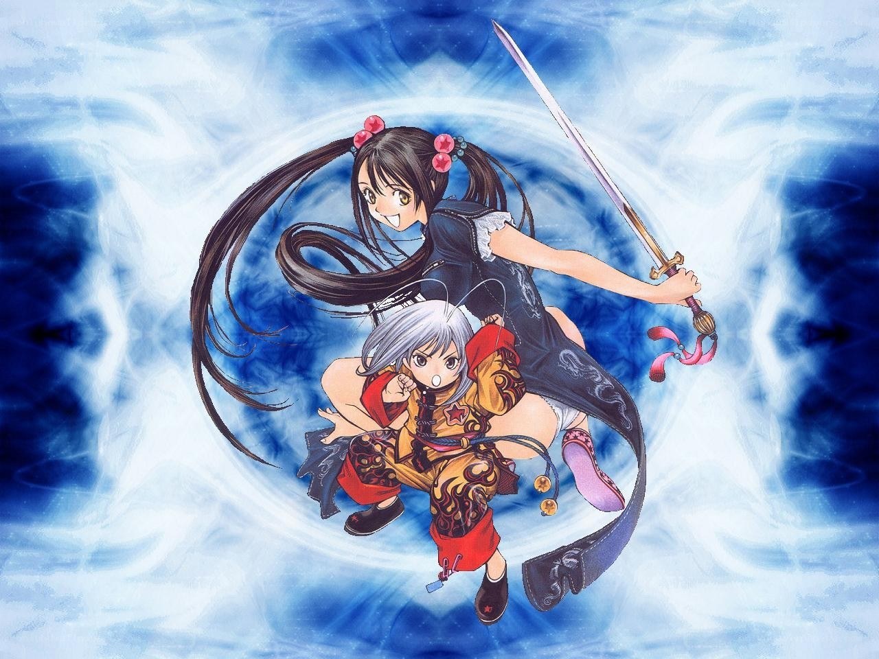 Anime girls with sword in motion