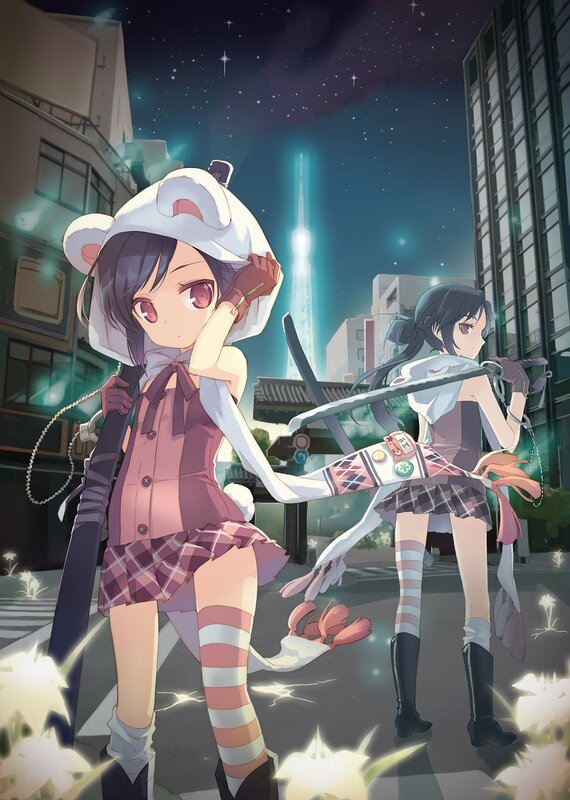 Anime girls with swords at night