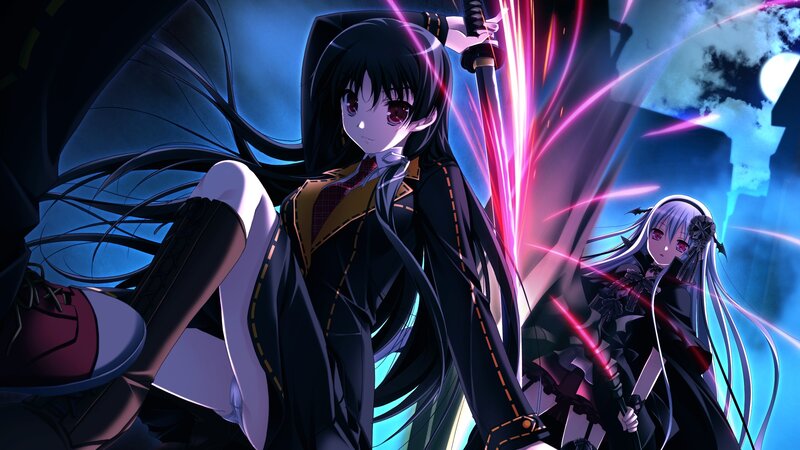 anime girls with swords at night