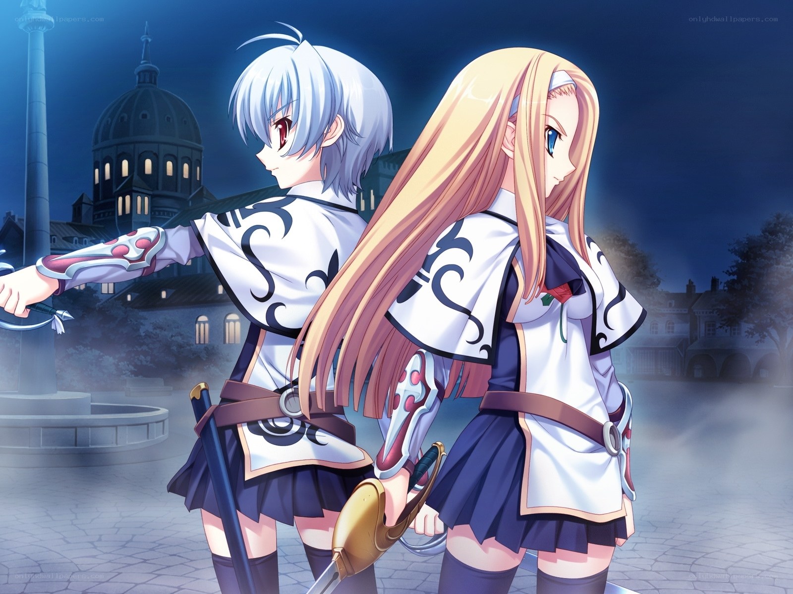 anime girls with swords at night