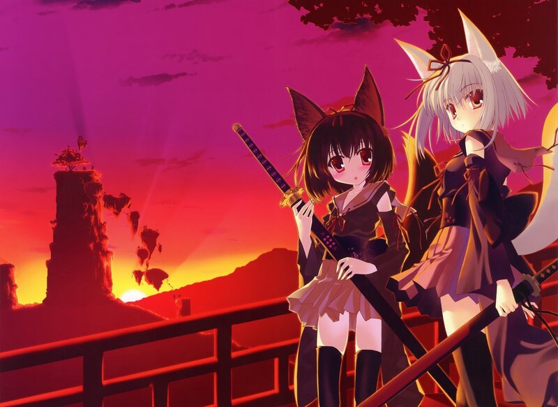 Anime girls with swords at sunset