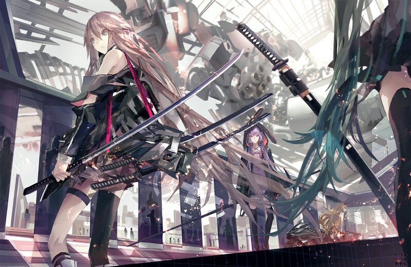 Anime Girls with Swords — Black, Dramatic, Digital Art