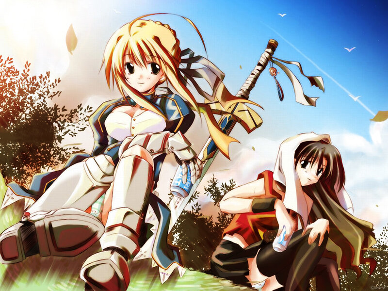 Anime girls with swords in a field