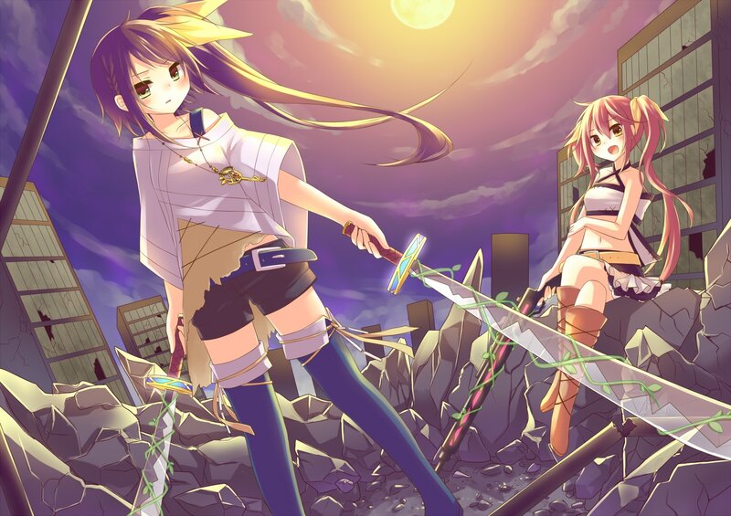 Anime girls with swords in ruins