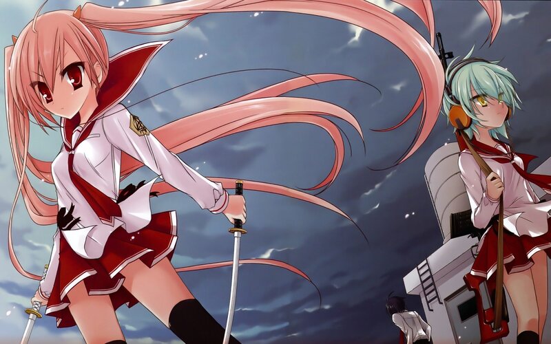 Anime girls with swords on a ship