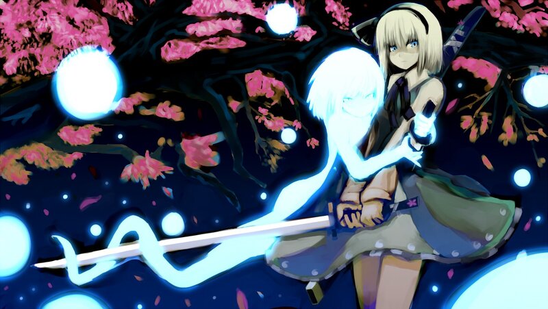 Anime girls with swords under cherry blossoms