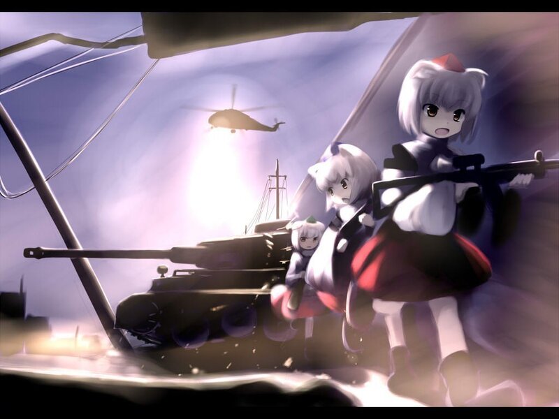 Anime girls with tank and helicopter
