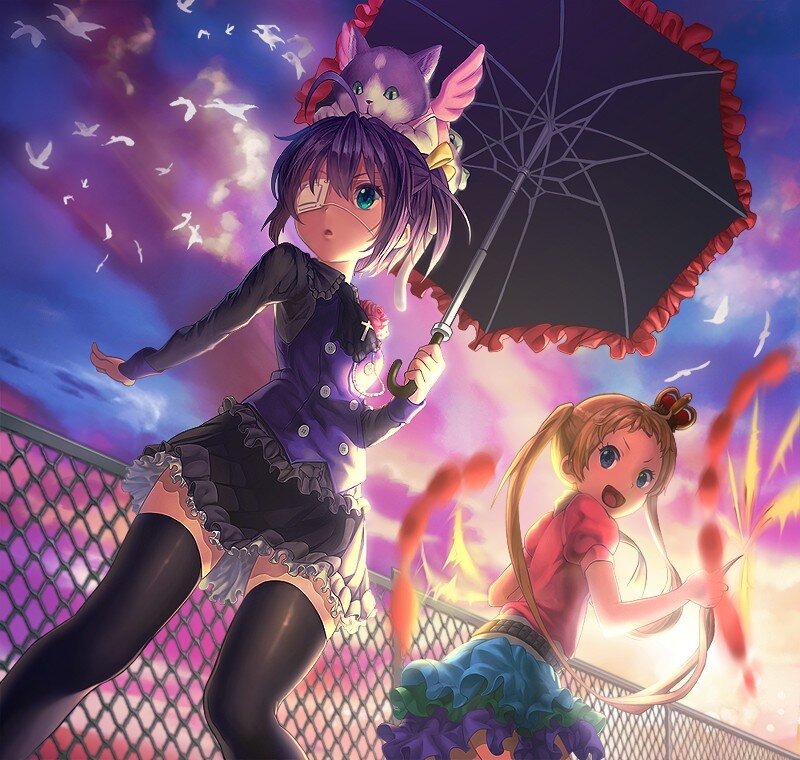 Anime girls with umbrella and fireworks