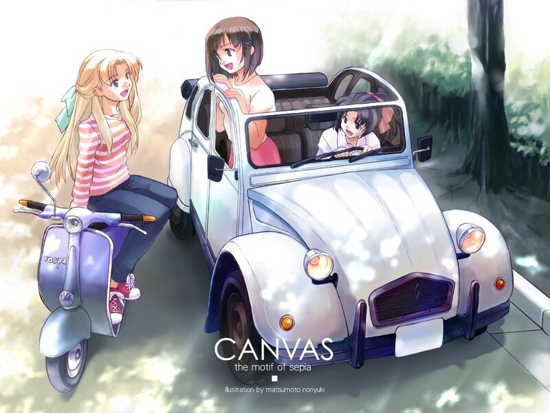 Anime girls with vintage car and scooter