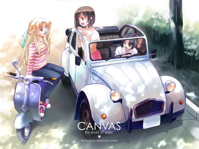 Anime girls with vintage car
