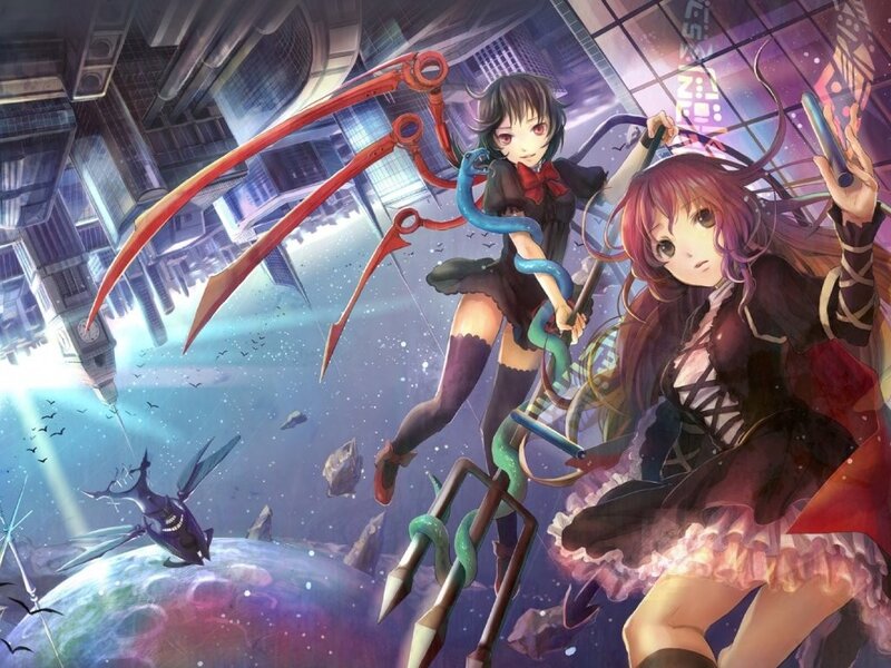 Anime girls with weapons in space