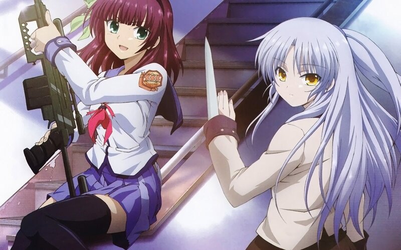 Anime girls with weapons on stairs