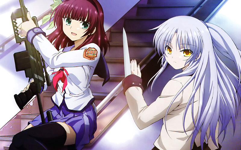 Anime girls with weapons on stairs