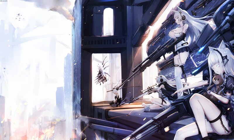Anime Girls with Weapons — White, Dramatic, Digital Art