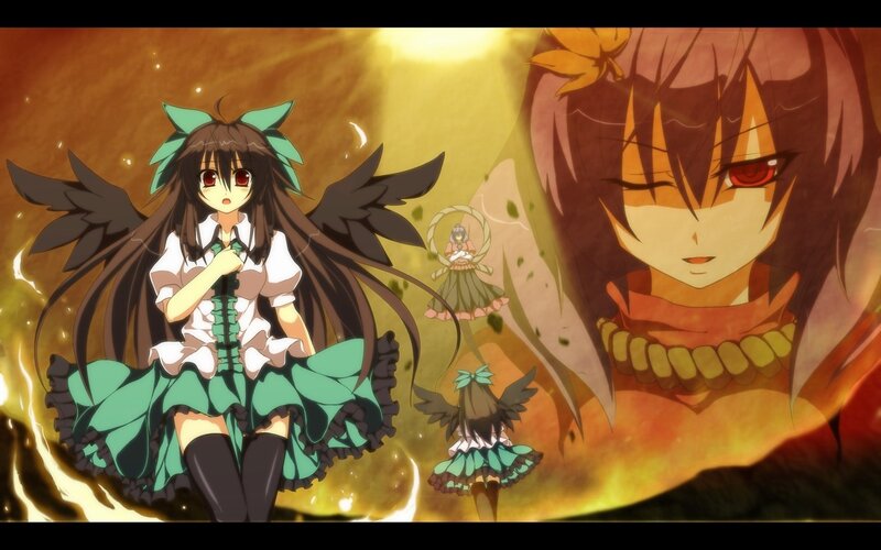 Anime girls with wings in a fiery scene